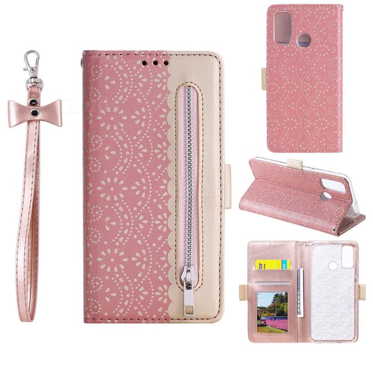 Luxury Lace Zipper Stitching Leather Phone Wallet Case for Huawei P Smart (2020) - Pink