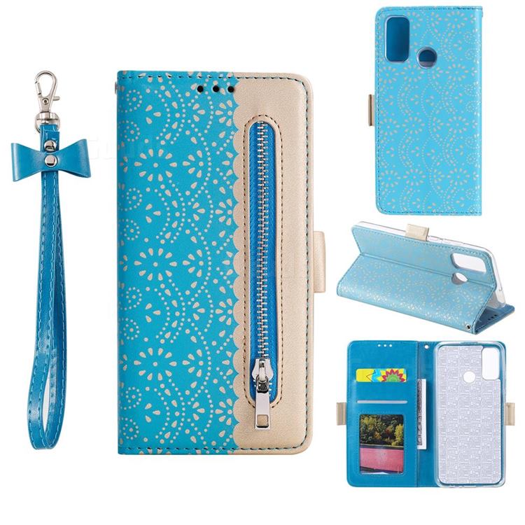Luxury Lace Zipper Stitching Leather Phone Wallet Case for Huawei P Smart (2020) - Blue