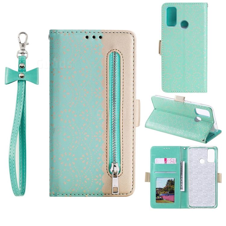 Luxury Lace Zipper Stitching Leather Phone Wallet Case for Huawei P Smart (2020) - Green
