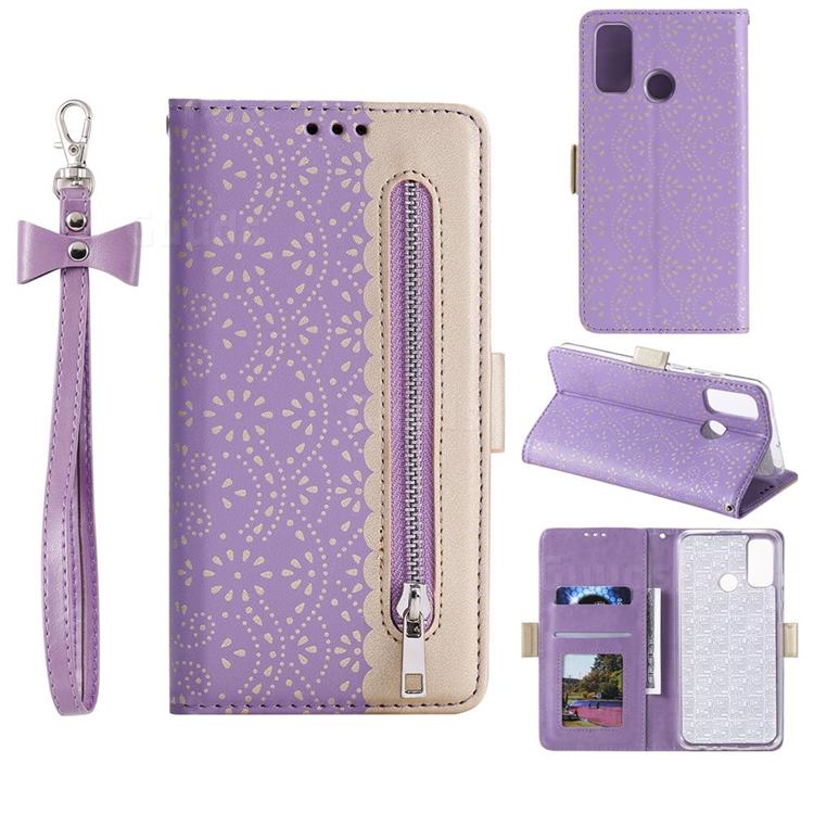 Luxury Lace Zipper Stitching Leather Phone Wallet Case for Huawei P Smart (2020) - Purple