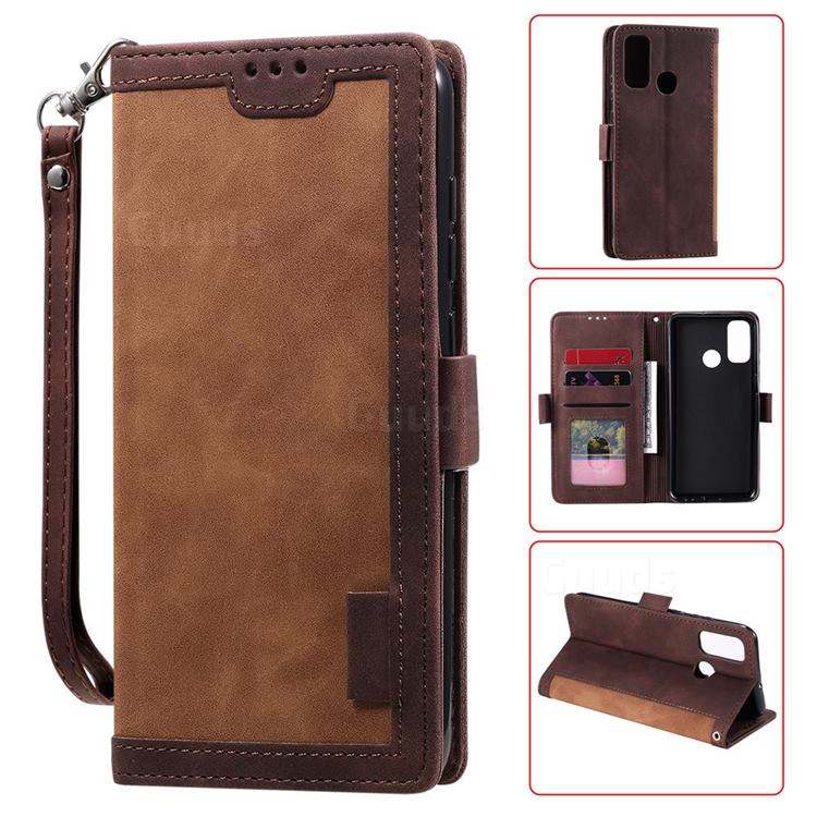 Luxury Retro Stitching Leather Wallet Phone Case for Huawei P Smart (2020) - Dark Brown