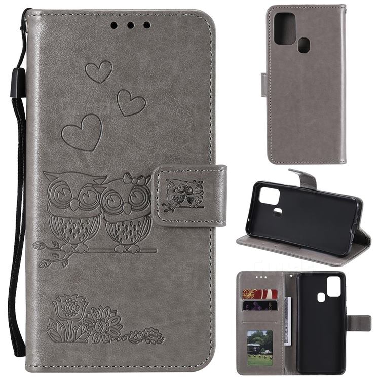 Embossing Owl Couple Flower Leather Wallet Case for Huawei P Smart (2020) - Gray