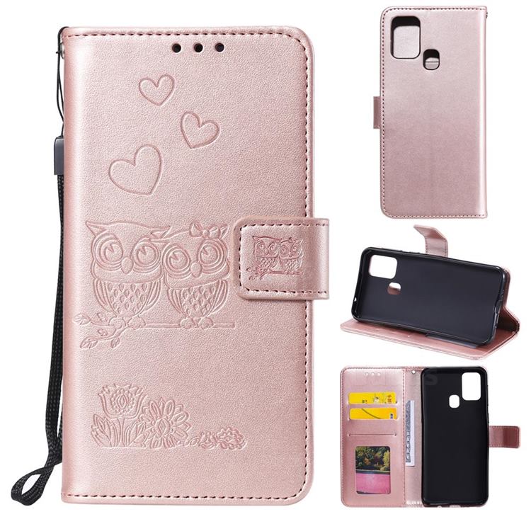 Embossing Owl Couple Flower Leather Wallet Case for Huawei P Smart (2020) - Rose Gold