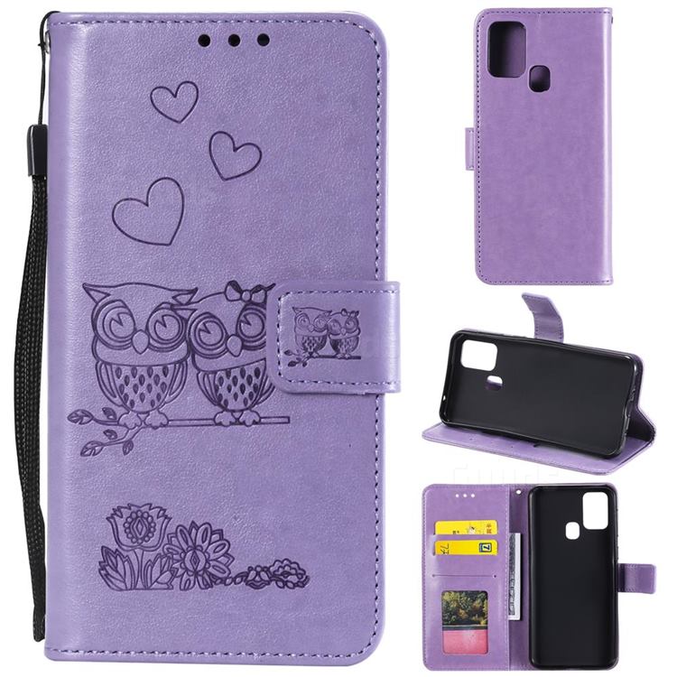 Embossing Owl Couple Flower Leather Wallet Case for Huawei P Smart (2020) - Purple