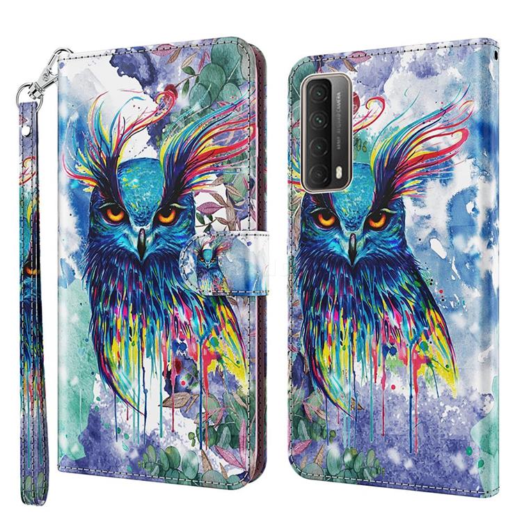 Watercolor Owl 3D Painted Leather Wallet Case for Huawei P smart 2021 / Y7a