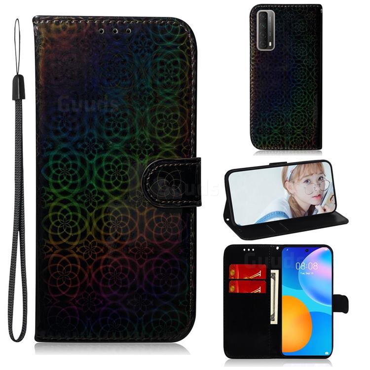 Laser Circle Shining Leather Wallet Phone Case for Huawei P smart 2021 / Y7a - Black