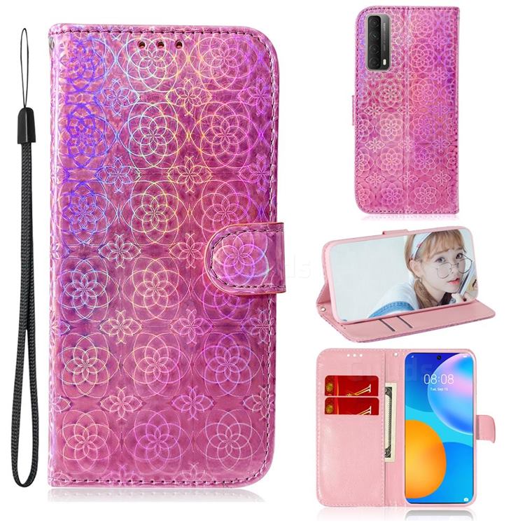Laser Circle Shining Leather Wallet Phone Case for Huawei P smart 2021 / Y7a - Pink