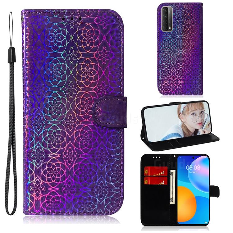 Laser Circle Shining Leather Wallet Phone Case for Huawei P smart 2021 / Y7a - Purple