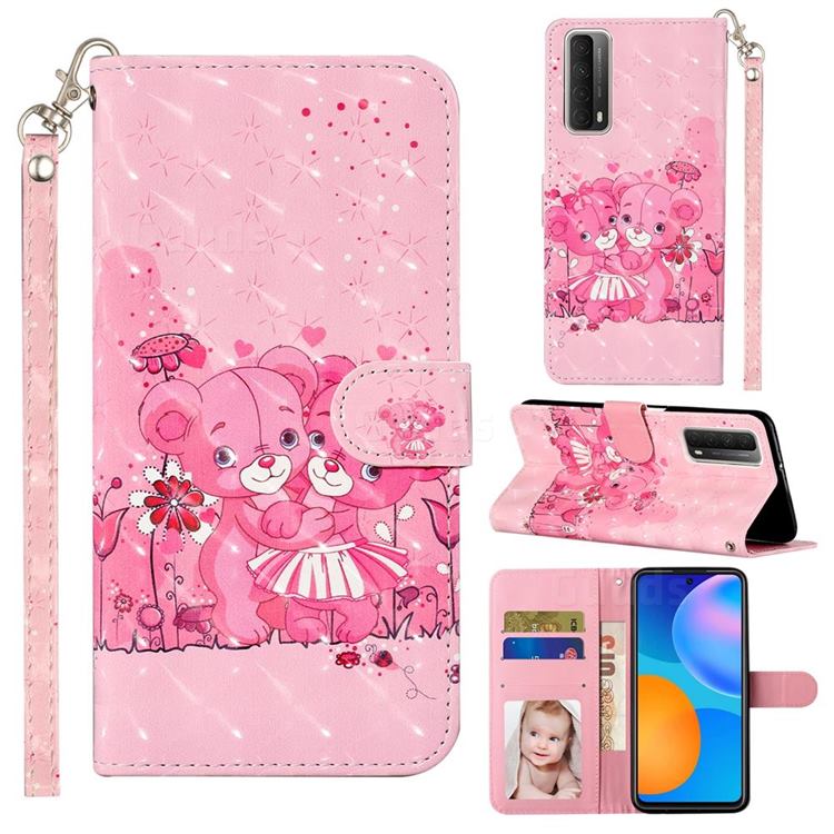 Pink Bear 3D Leather Phone Holster Wallet Case for Huawei P smart 2021 / Y7a