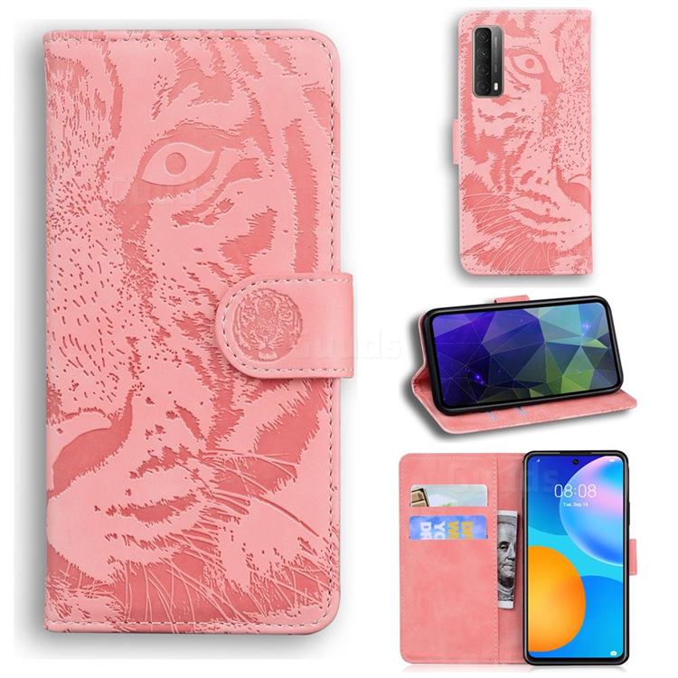 Intricate Embossing Tiger Face Leather Wallet Case for Huawei P smart 2021 / Y7a - Pink
