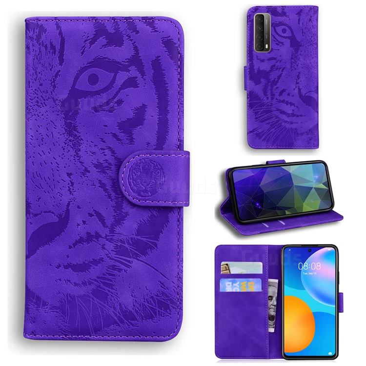 Intricate Embossing Tiger Face Leather Wallet Case for Huawei P smart 2021 / Y7a - Purple