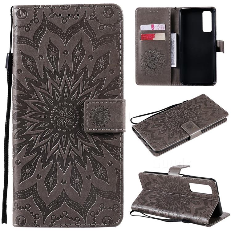 Embossing Sunflower Leather Wallet Case for Huawei P smart 2021 / Y7a - Gray