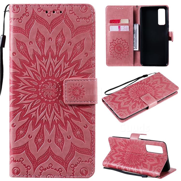 Embossing Sunflower Leather Wallet Case for Huawei P smart 2021 / Y7a - Pink