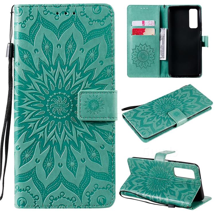 Embossing Sunflower Leather Wallet Case for Huawei P smart 2021 / Y7a - Green