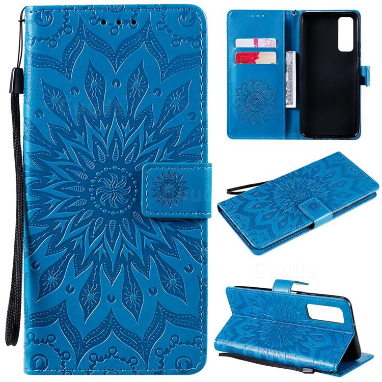 Embossing Sunflower Leather Wallet Case for Huawei P smart 2021 / Y7a - Blue