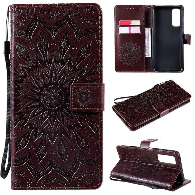 Embossing Sunflower Leather Wallet Case for Huawei P smart 2021 / Y7a - Brown