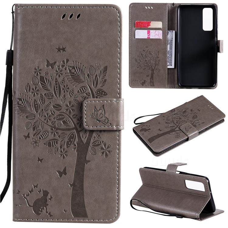 Embossing Butterfly Tree Leather Wallet Case for Huawei P smart 2021 / Y7a - Grey