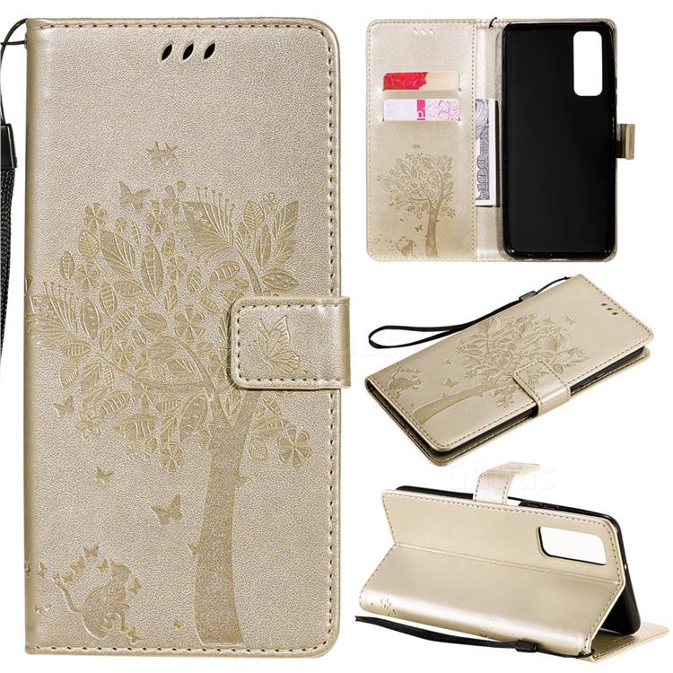 Embossing Butterfly Tree Leather Wallet Case for Huawei P smart 2021 / Y7a - Champagne