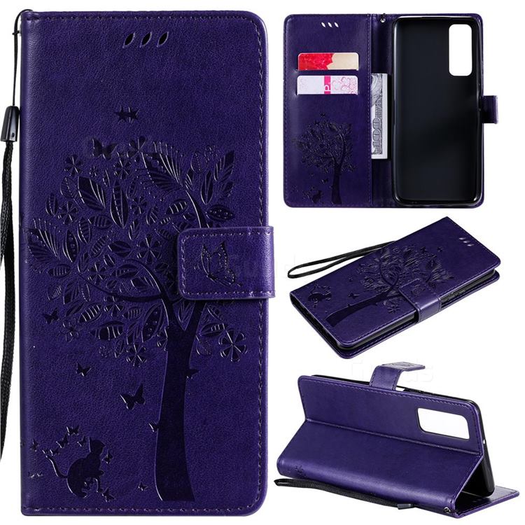 Embossing Butterfly Tree Leather Wallet Case for Huawei P smart 2021 / Y7a - Purple