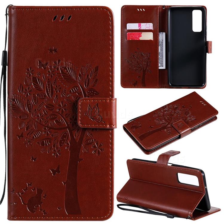 Embossing Butterfly Tree Leather Wallet Case for Huawei P smart 2021 / Y7a - Coffee