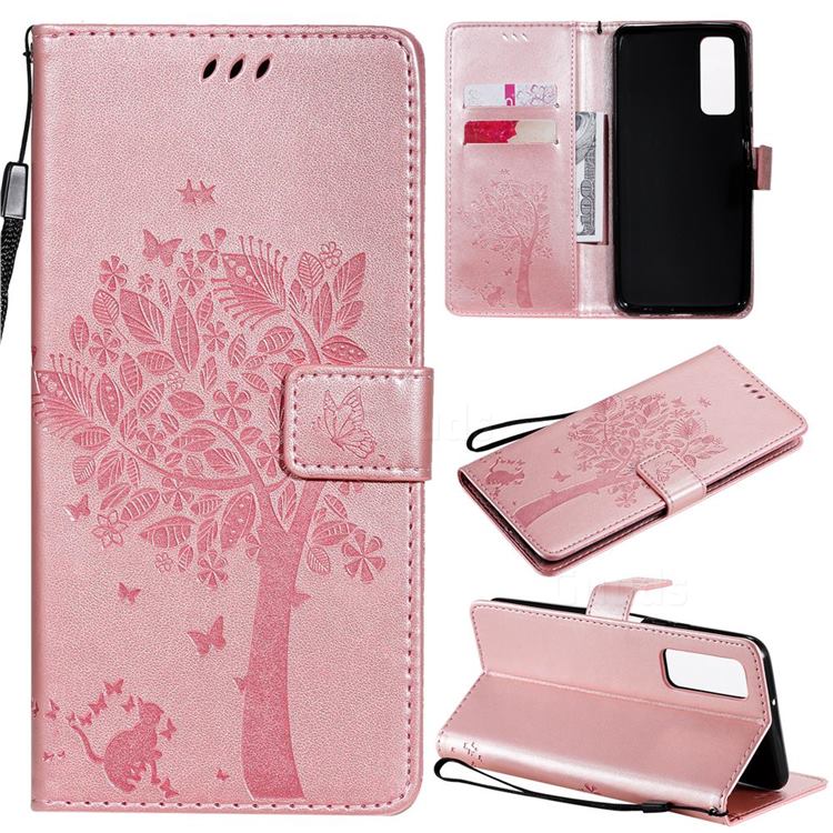 Embossing Butterfly Tree Leather Wallet Case for Huawei P smart 2021 / Y7a - Rose Pink