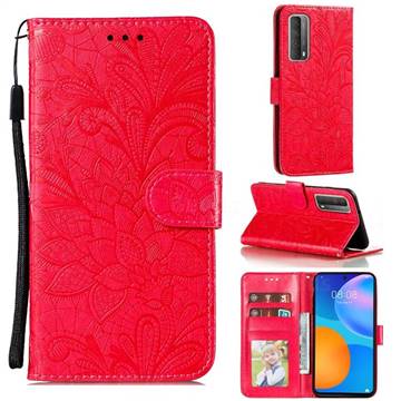 Intricate Embossing Lace Jasmine Flower Leather Wallet Case for Huawei P smart 2021 / Y7a - Red