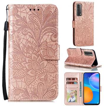 Intricate Embossing Lace Jasmine Flower Leather Wallet Case for Huawei P smart 2021 / Y7a - Rose Gold