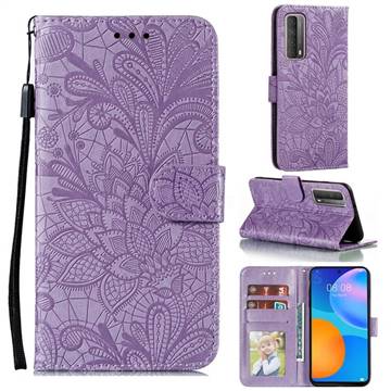 Intricate Embossing Lace Jasmine Flower Leather Wallet Case for Huawei P smart 2021 / Y7a - Purple