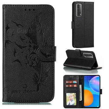 Intricate Embossing Lychee Feather Bird Leather Wallet Case for Huawei P smart 2021 / Y7a - Black