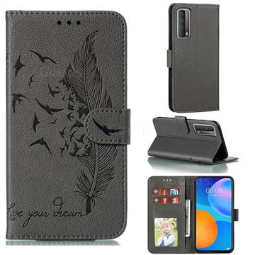 Intricate Embossing Lychee Feather Bird Leather Wallet Case for Huawei P smart 2021 / Y7a - Gray