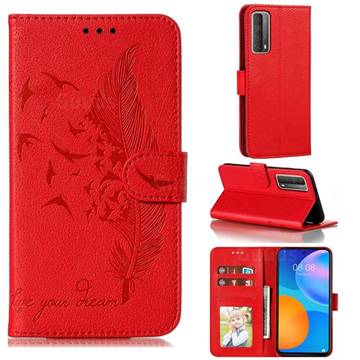 Intricate Embossing Lychee Feather Bird Leather Wallet Case for Huawei P smart 2021 / Y7a - Red