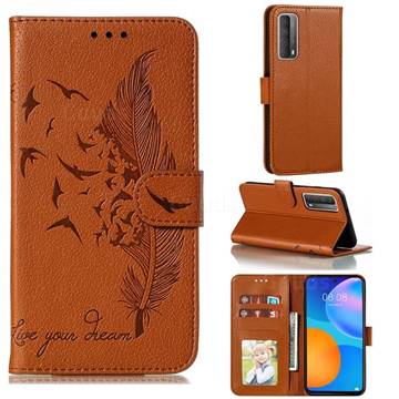 Intricate Embossing Lychee Feather Bird Leather Wallet Case for Huawei P smart 2021 / Y7a - Brown
