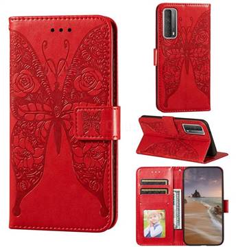 Intricate Embossing Rose Flower Butterfly Leather Wallet Case for Huawei P smart 2021 / Y7a - Red