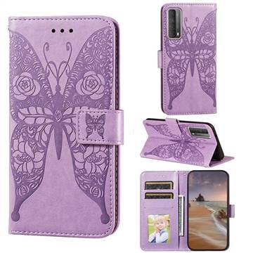 Intricate Embossing Rose Flower Butterfly Leather Wallet Case for Huawei P smart 2021 / Y7a - Purple