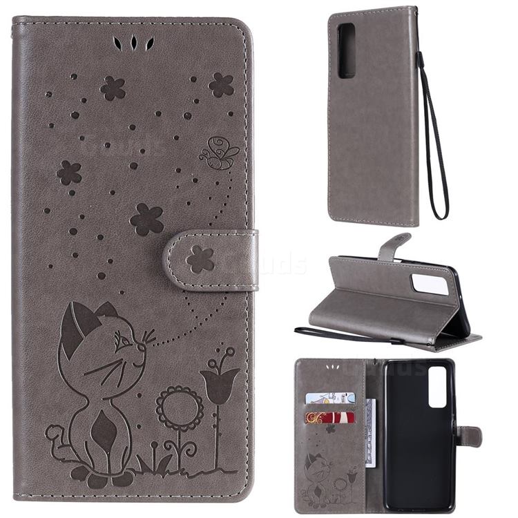 Embossing Bee and Cat Leather Wallet Case for Huawei P smart 2021 / Y7a - Gray