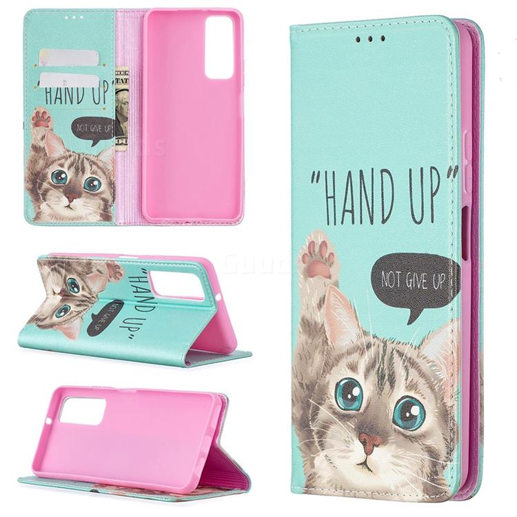 Hand Up Cat Slim Magnetic Attraction Wallet Flip Cover for Huawei P smart 2021 / Y7a