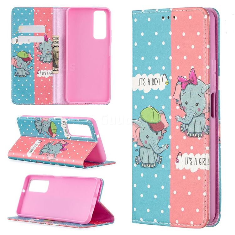 Elephant Boy and Girl Slim Magnetic Attraction Wallet Flip Cover for Huawei P smart 2021 / Y7a