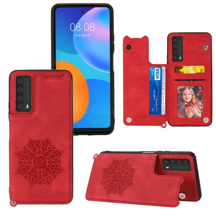 Luxury Mandala Multi-function Magnetic Card Slots Stand Leather Back Cover for Huawei P smart 2021 / Y7a - Red