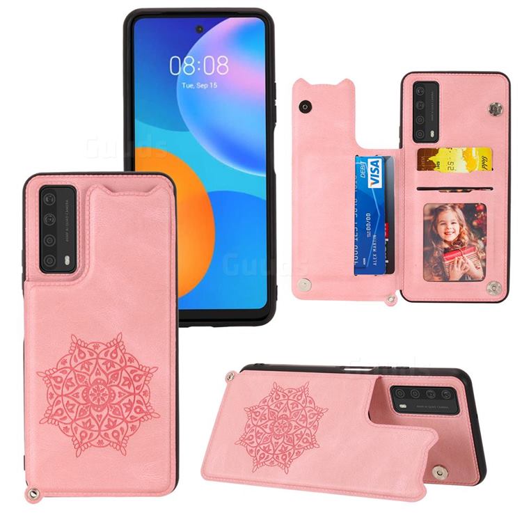 Luxury Mandala Multi-function Magnetic Card Slots Stand Leather Back Cover for Huawei P smart 2021 / Y7a - Rose Gold