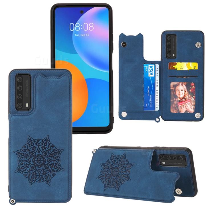 Luxury Mandala Multi-function Magnetic Card Slots Stand Leather Back Cover for Huawei P smart 2021 / Y7a - Blue