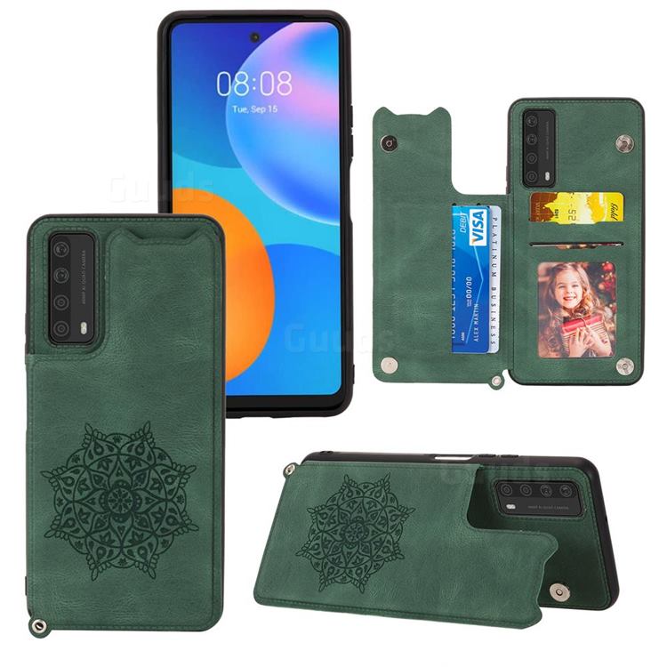 Luxury Mandala Multi-function Magnetic Card Slots Stand Leather Back Cover for Huawei P smart 2021 / Y7a - Green