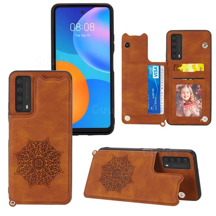 Luxury Mandala Multi-function Magnetic Card Slots Stand Leather Back Cover for Huawei P smart 2021 / Y7a - Brown