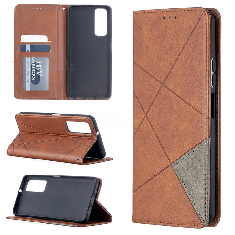 Prismatic Slim Magnetic Sucking Stitching Wallet Flip Cover for Huawei P smart 2021 / Y7a - Brown