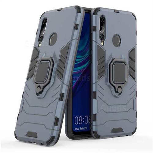 Black Panther Armor Metal Ring Grip Shockproof Dual Layer Rugged Hard Cover for Huawei P Smart+ (2019) - Blue