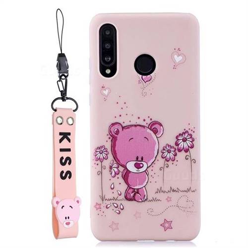 Pink Flower Bear Soft Kiss Candy Hand Strap Silicone Case for Huawei P Smart+ (2019)