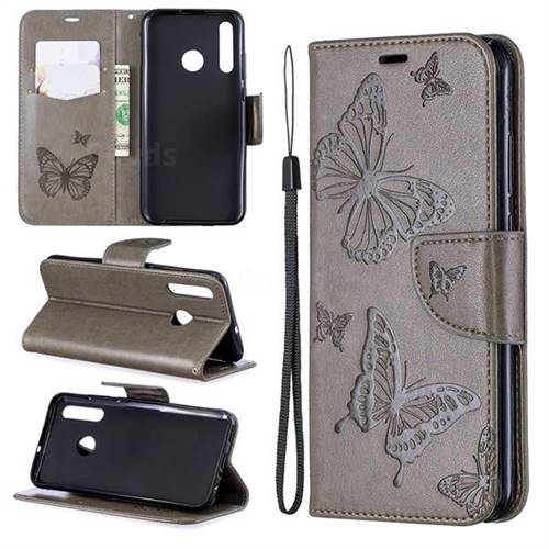 Embossing Double Butterfly Leather Wallet Case for Huawei P Smart+ (2019) - Gray