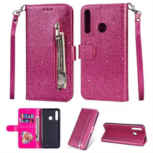 Glitter Shine Leather Zipper Wallet Phone Case for Huawei P Smart+ (2019) - Rose