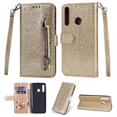 Glitter Shine Leather Zipper Wallet Phone Case for Huawei P Smart+ (2019) - Gold