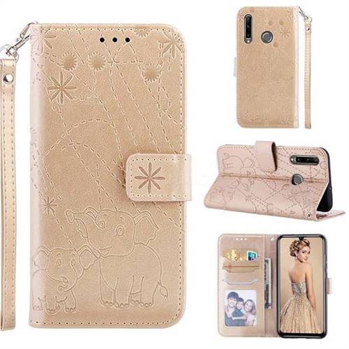 Embossing Fireworks Elephant Leather Wallet Case for Huawei P Smart+ (2019) - Golden