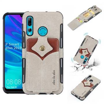 Maple Pattern Canvas Multi-function Leather Phone Back Cover for Huawei P Smart+ (2019) - Gray